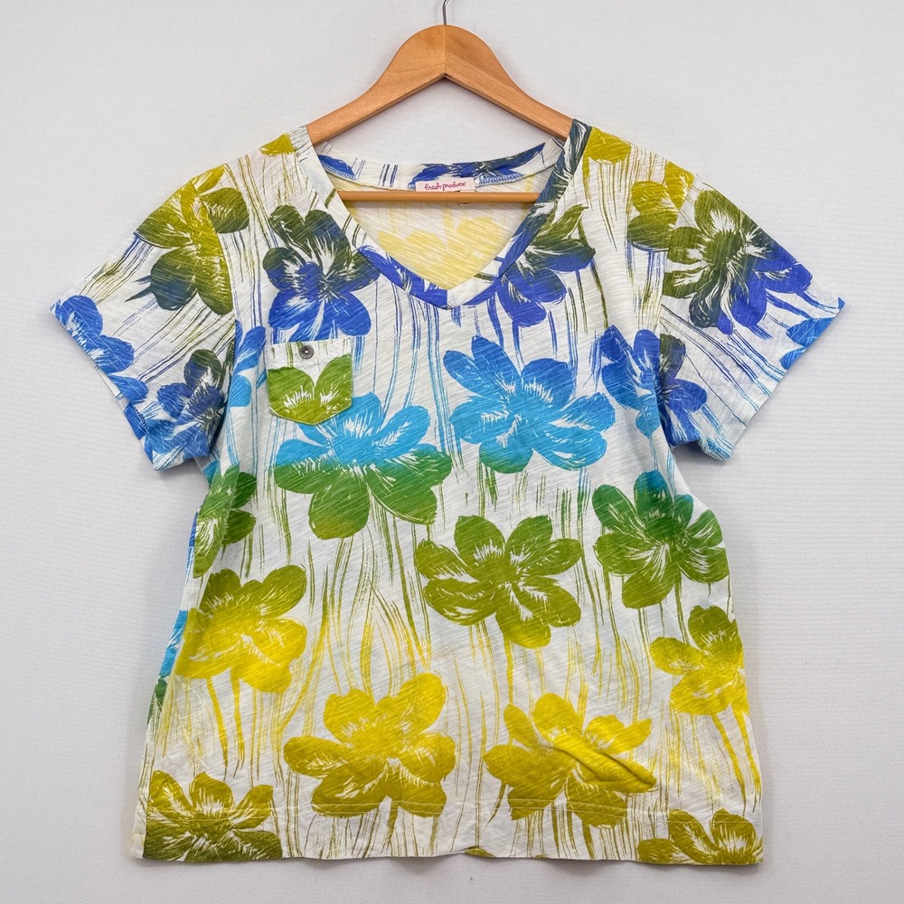 Fresh Produce Floral V-Neck Top Women XL Blue Green Yellow Tropical Coastal Boho